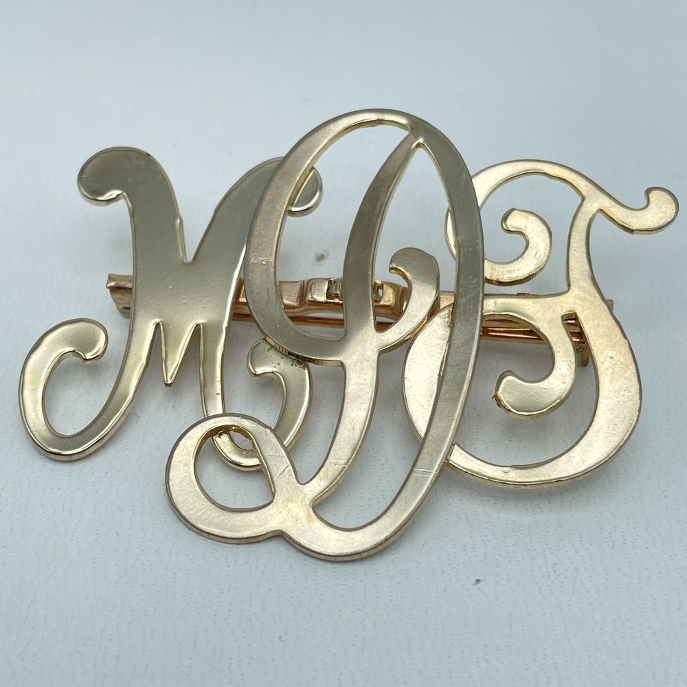 Vintage 80s Monogram MGS Script Large Charm Brooch Pin Gold Tone Jewelry